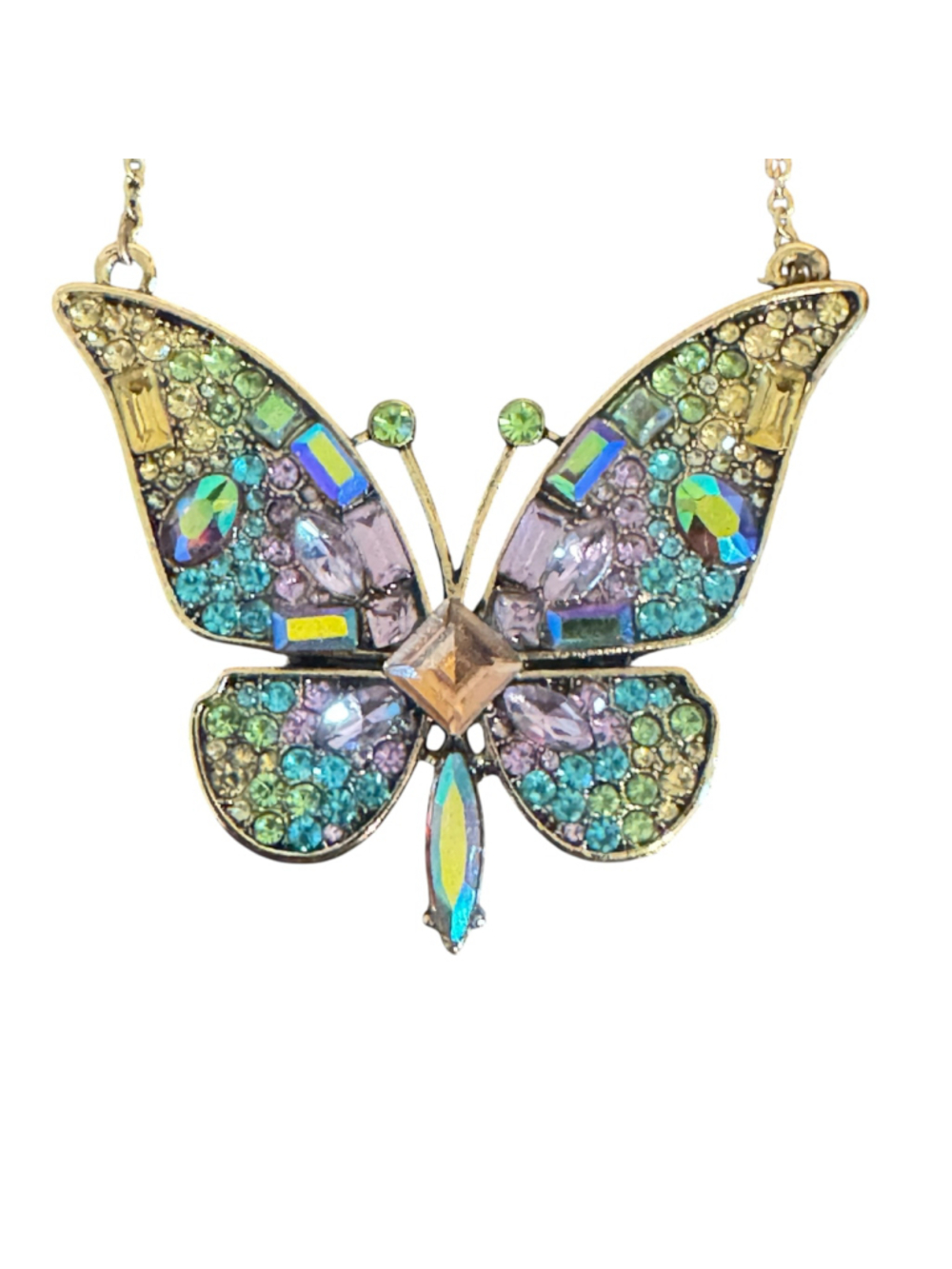 Betsey Johnson multicolor crystal inlay jeweled butterfly gold-tone necklace - Picture 1 of 7